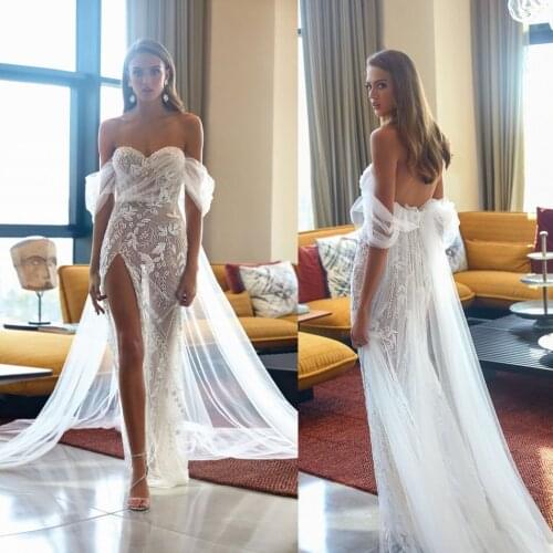 Sexy High Side Split Wedding Dresses A Line Beads Lace Sweetheart Boho Wedding Dress Custom Made Beach Vestido De Noiva