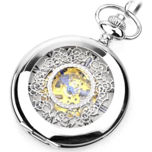 Silver Steampunk Skeleton Pocket Watch Mechanical Hand Wind Pocket & Fob Watches Womens Pocket Watch Pendant relogio de bolso