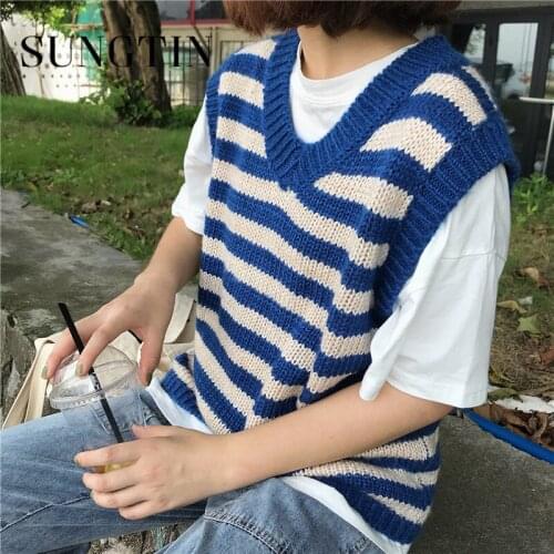 Sungtin Vintage Striped V Neck Knitted Vest Women Korean Loose Pullover Sleeveless Sweater Casual Jumpers Waistcoat Chic Spring