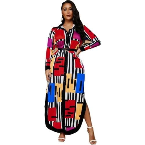 XL-5XL 2021 plus size women clothing fashion casual printing stand collar long sleeve shirt long dress Wholesale Dropshipping