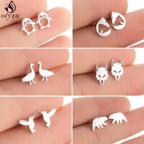 Women Fashion Earrings Mutiple Style Black Stainless Steel Horse Bear Duck Penguin Earings 2021 Small Animal Studs oorbellen