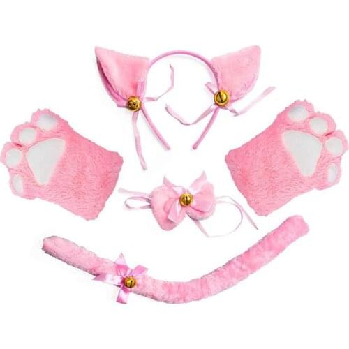 Women Cat Maid Cosplay Costume Plush Ear Bell Headband Bow Tie Choker Gloves