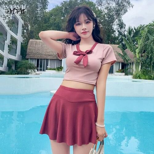 Womens Swimwear 2021 Summer Suit Bathing Suits 2 Piece Swimsuit with Skirt Sleeves Red Cute Bow High Waist Bikini Set Beachwear