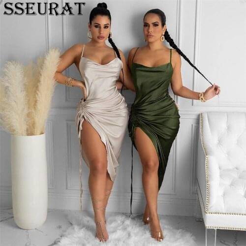 SSEURAT Ruched Satin Summer Dress Drawstring Spaghetti Straps Cowl Neck Backless Long Dresses for Women Party Sexy Vestidos