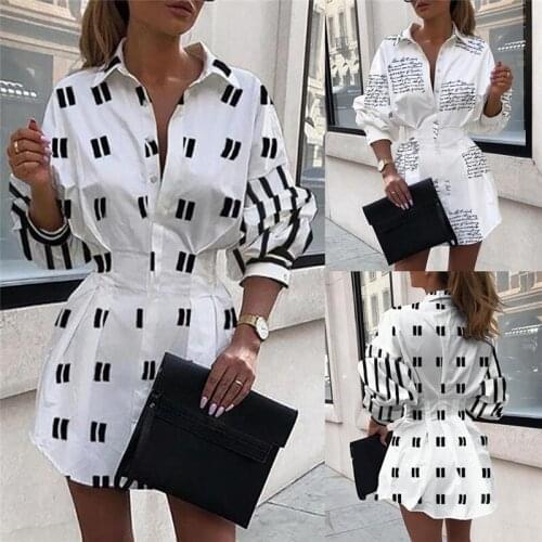 Women V-neck Long Sleeve Dress Oversize Tops Shirt A-Line High Waist Casual Mini Women Dress