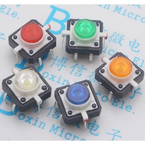 50PCS/Lot 12*12 Tactile Push Button Switch With LED Micro Light touch 12*12*7.3 Red/Yellow/Blue/green/White