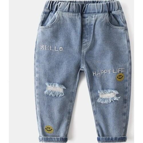Yocute Childrens Jeans 2021 New Boys' Trousers Spring Autumn Kids Trousers Baby Letter Fashion Smiley Face Hole Pants 2-6 Years