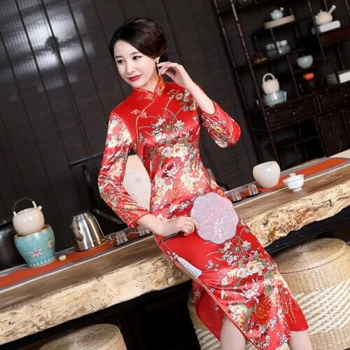 Elegant Women Print Flower Wedding Dress Oriental Bride Satin Mandarin Collar Evening Qipao Oversize 6XL Long Sleeve Cheongsam