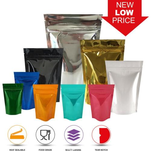 GLOSSY SHINY FOIL RESEALABLE ZIP LOCK BAGS STAND UP POUCHES FOOD GRADE HEAT SEAL