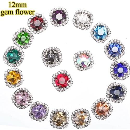 12mm 20pcs/bag Silver base/gold base gem flower shape glass Crystal buckle sew on rhinestones with hole diy clothing accessories