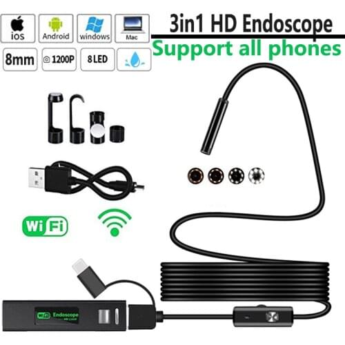 Wifi HD 8mm lens 1200P Endoscope Camera USB IP68 Waterproof Borescope Semi Rigid Tube Wireless Video Inspection for Android/iOS