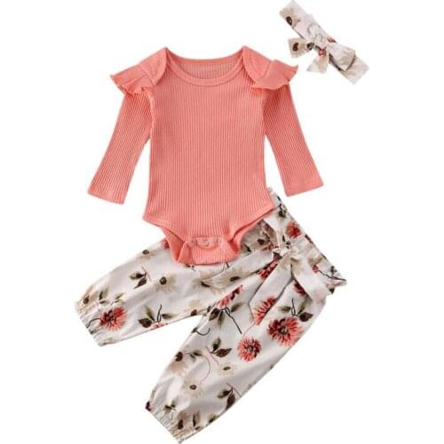 Newborn Baby Girl Clothes Set Sister Matching Outfits Knitted Ruffle Sleeve Romper Bow Halen Floral Pants Headband 3Pcs Clothing