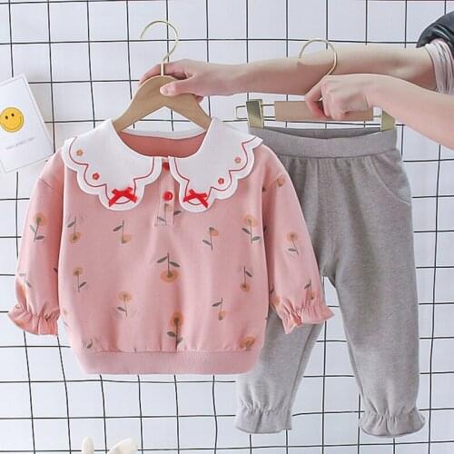 Baby Girl Clothes Set Spring Autumn Doll Collar Printed Long Sleeve Top + Pants Toddler Cute Infant Childrens Clothes 2-Pieces