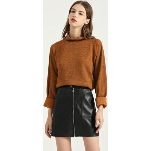 Trendy Autumn Women Knitted High Collar Khaki Sweater Brown Simple Casual Top Female Red Loose Soft Warm Short Knitwear