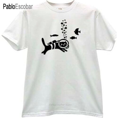 Men cotton t-shirt summer brand tshirt Cat - Diver Funny T-shirt in white man shubuzhi teeshirt