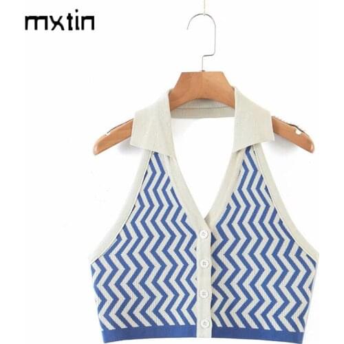 MXTIN 2021 Women Summer Vintage Sexy Striped Cropped Knit Tank Tops Fashion V-Neck Backless Female Camis Casual Chic Tops