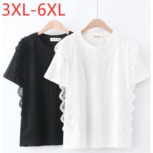 New 2021 Ladies Summer Plus Size Tops For Women Large Short Sleeve Loose Cotton White Black Lace O-neck T-Shirt 3XL 4XL 5XL 6XL