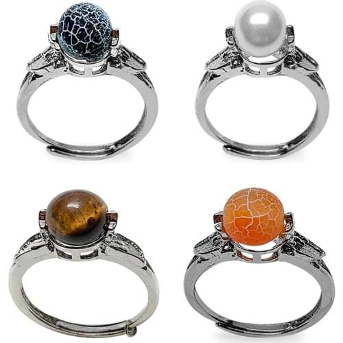 Real Natural Stone Rings for Women Agate Crystal Amethyst Decompression Rotatable Round Beads Open Ring Adjustable Gifts