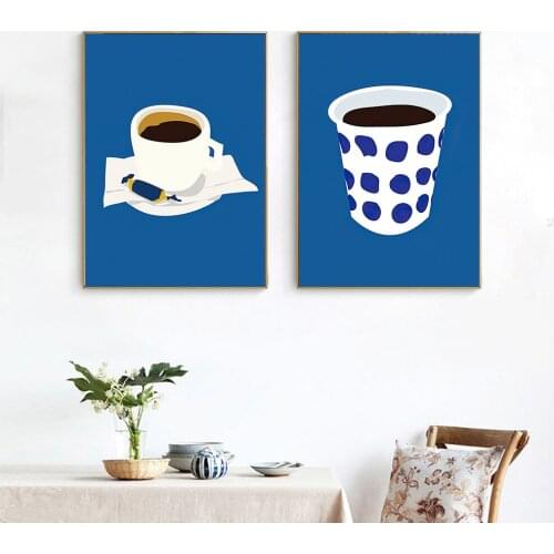 Nordic Coffee Cup Blue Dot Wall Art Print Candy Art Canvas Painting Cafe Shop Poster Abstract Pictures Dining Room Decoration