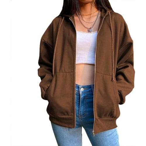 Biggorange Oversize Zip Up Hoodie Y2K Women Sweatshirt Streetwear Top Brown Jacket Vintage Pockets Long Sleeve Pullovers