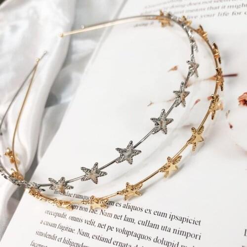 Korean Ladies Glitter Metallic Gold Silver Thin Headband Pentagram Star Charms Decor Hair Hoop Princess Birthday Party Headpiece