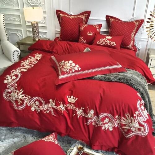 Embroidered 100S Egyptian cotton Luxury Royal Wedding Bedding sets Queen King Red Duvet cover Bed sheet set Pillowcase 4/6pcs