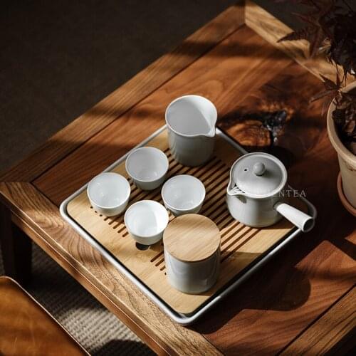 Japanese Ceramic Creative Tea Table Tray Modern Serving Bamboo Trays Decorative Luxury Bandeja Madera Kitchen Teaware DH50CP