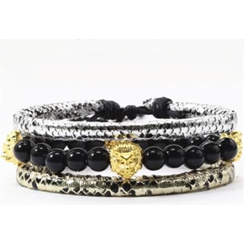 Hip hop Jewelry Lion Head Natural Stone Beads Black Punk Snake Leather Men Bracelets Women Bangle Male Jewelry Accessories