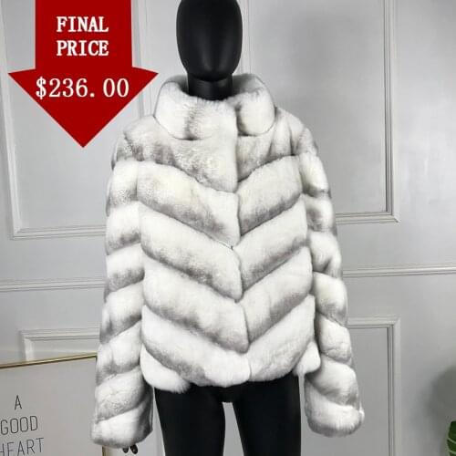 Women Fur Coat Winter Jacket Genuine Natural Rex Rabbit Fur Outwear Chinchilla Color Hot Sale