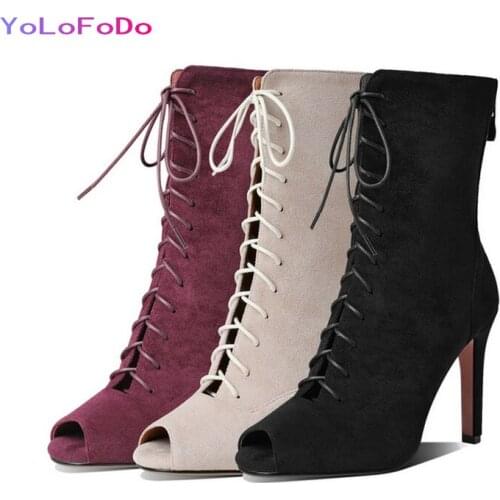 Black Wine Red Beige Spring Autumn Women Ankle Boots Cross Tied Fashion Peep Toe Short Boots Faux Leather Thin High Heel Boots
