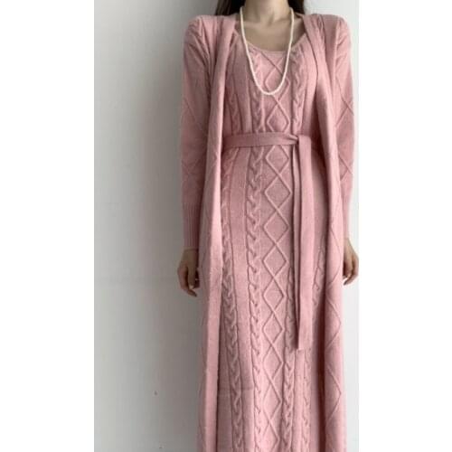 Ladies Winter Thick Sweatersuit Chic Twist pattern Long Cardigan Sweater + Sleeveless Knitted Suspender Dress 2 piece set Women