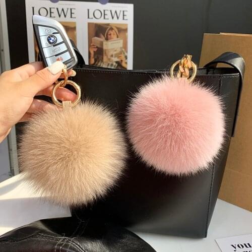 13CM Real Fox Fur Keychain Natural Fur Pompom Ball Women Bag ornaments Pendant Luxury Car Key Ring Leather Strap Metal Ring Gift