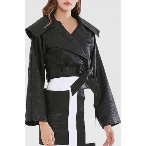 2021 New Fashion Black Pu Jackets For Women Lapel Long Sleeve High Waist Lace Up Patchwork Loose Short Coats Female Clothes