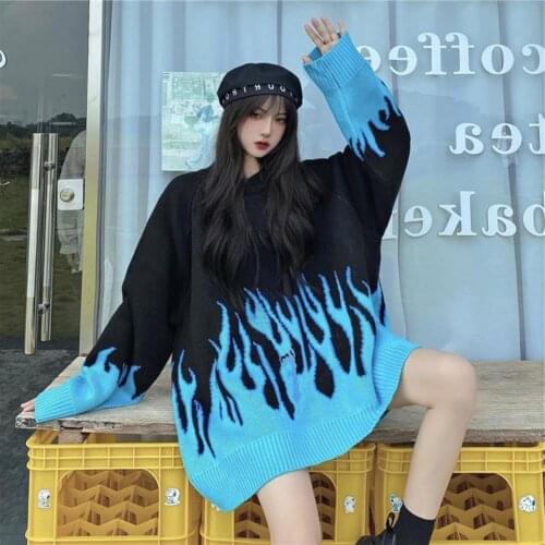 2021 Winter Autumn Women Pullover O Neck Knitted Sweater Loose Plus Size Flame Color Matching Tops Female leisure street wear