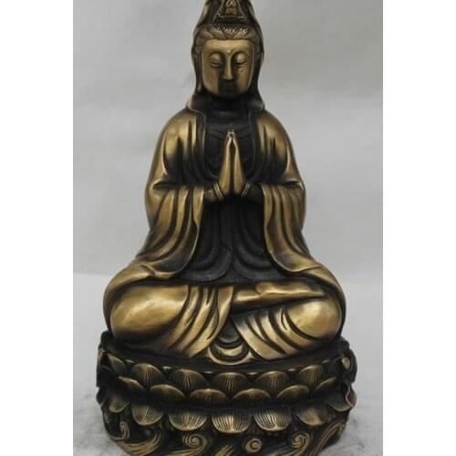 Free shipping 10" Old Chinese Buddhism Bronze Seat Lotus Kwan-yin Guan Yin Goddess Statue