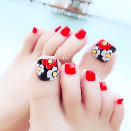 24 Pcs Summer Flowers Artificial Fake Toe Nails Lady False Toenail Tips For Salon Full Cover DIY Manicure Tools