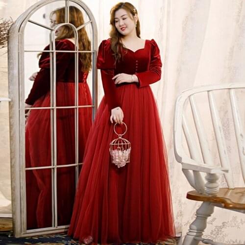 Burgundy Simple Evening Dress Strapless Full Sleeves Elegant Button A-Line Floor-Length Tulle Plus Size Women Formal Gowns D859