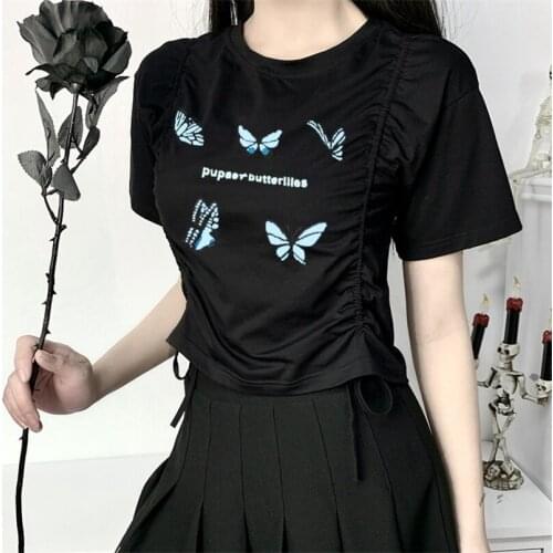 Women Ruched Crop Top Adults Sexy Butterfly Pattern Short Sleeve Round Neck Side Drawstring y2k tshirts kawaii harajuku goth