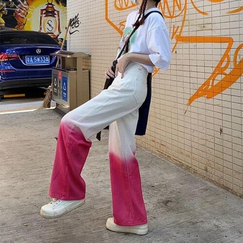 High Waist Pink Denim Jeans Woman New Fashion Women Pants Wide Leg Straight Casual Baggy Trousers Jean