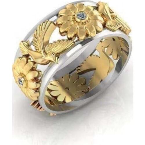 Exquisite Womens Alloy Ring Two-tone Vine Flower Small Bird Jewelry Anniversary Gift Girls Bridal Engagement Ring