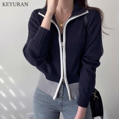 Double Zipper Design Color-blocking Cardigans Sweater Women Long Sleeve Korean Knitted Cardigan Sweaters Jacket Female Jumpers