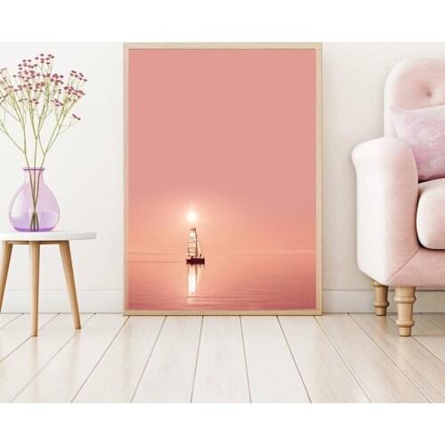 Pink Sunset Ocean Beach Landscape Painting Canvas Prints Autumn Nautical Photography Poster Picture Living Room Wall Art Decor