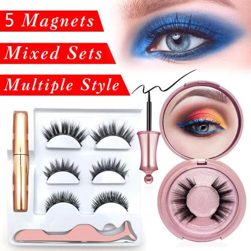 Magnetic Eyelashes 5 Magnets Eye Eyeliner Liquid Sets No Glue False Mink Extension Kit 3D Individual Reusable Waterproof Eyelash