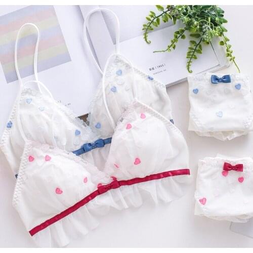 Hearts Cute Bralette Womens Japanese Bra & Panties Set Wirefree Soft Underwear Sleep Intimates Set Lolita