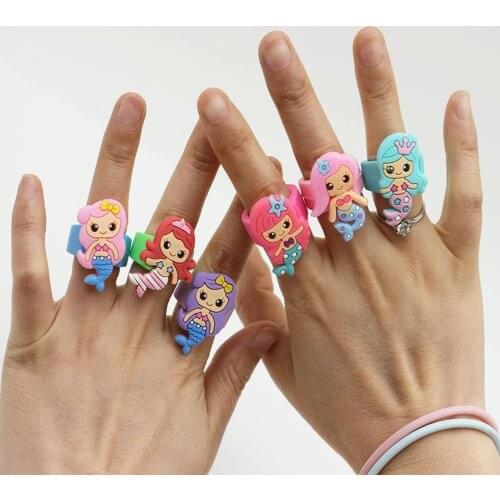 6 Pcs Cute Cartoon Mermaid Ring for Children Soft Silicone Kawaii Rings Finger Accessories Baby Girl Funny Shower Party Supplies
