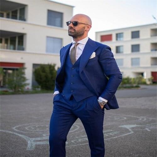 New Dark Blue Costume Homme Men Suit Slim Fit 3 Piece Groom Tuxedo Custom Suits Party Blazer Terno Masculino Jacket Pant Vest