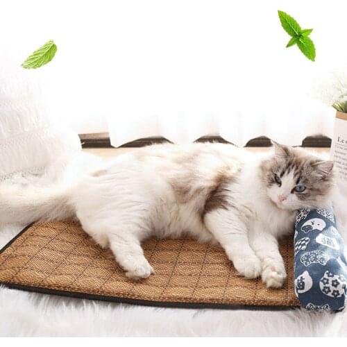 Summer Dog Cooling Mat Pet Cool Pad Breathable Rattan With Pillow Non-Slip Bottom Cat Blanket Cushion for Kennel Sofa Sleep Bed