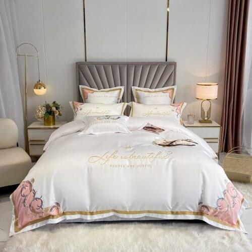 Luxury White Embroidery Satin Cotton Bedding Set Duvet Cover Set Bed Linen Pillowcases Home Textile King Queeen Size 4PCS