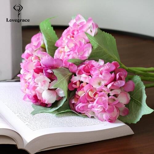 Silk Hydrangeas Artificial Flowers White Big Hydrangea Wedding Flowers Small Bouquet Fake Flower Party Home for Decoration Pink