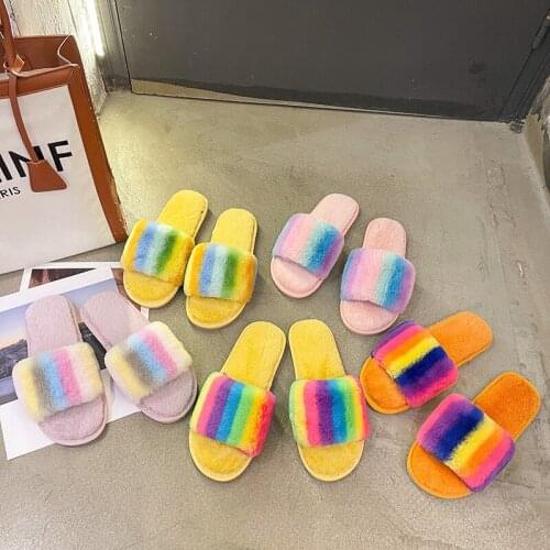 Fashion Korean Style Indoor Rainbow Flip Flop For Women Soft Cute Plush Keep Warm Flat Home Shoes All-match Casual slippers